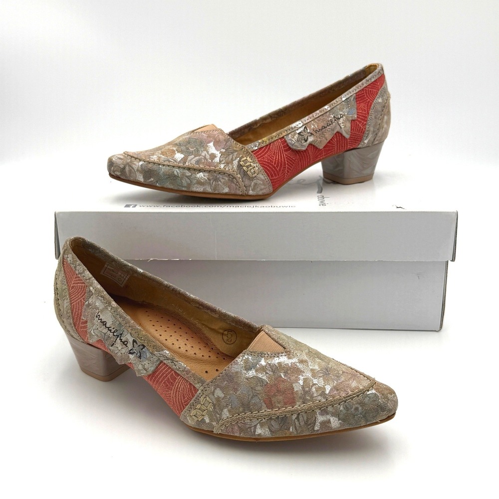 Maciejka Leather Floral Metallic Red Patchwork Block Heel Pumps Size 36